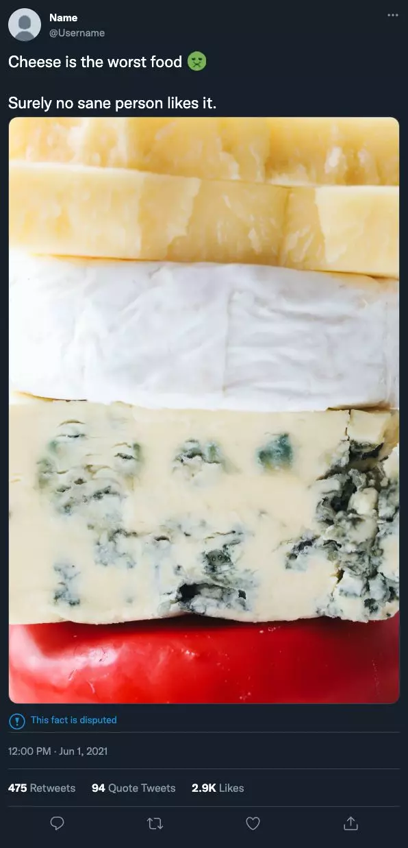 A post saying "Cheese is the worst food" with a picture of a large stack of different cheeses
