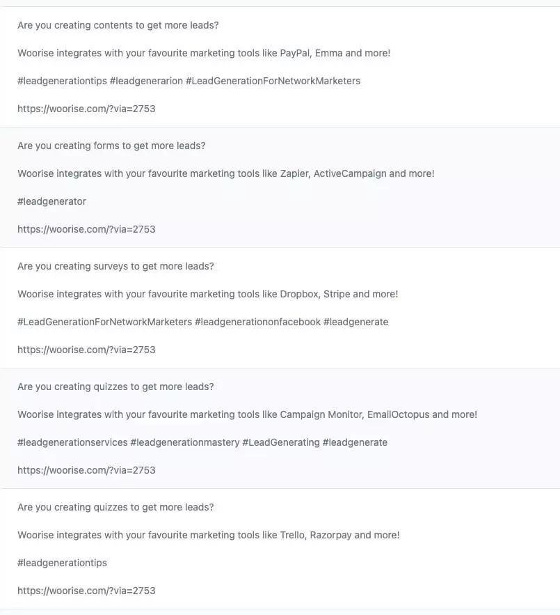 Woorise Social Media Posts with assorted hashtags.